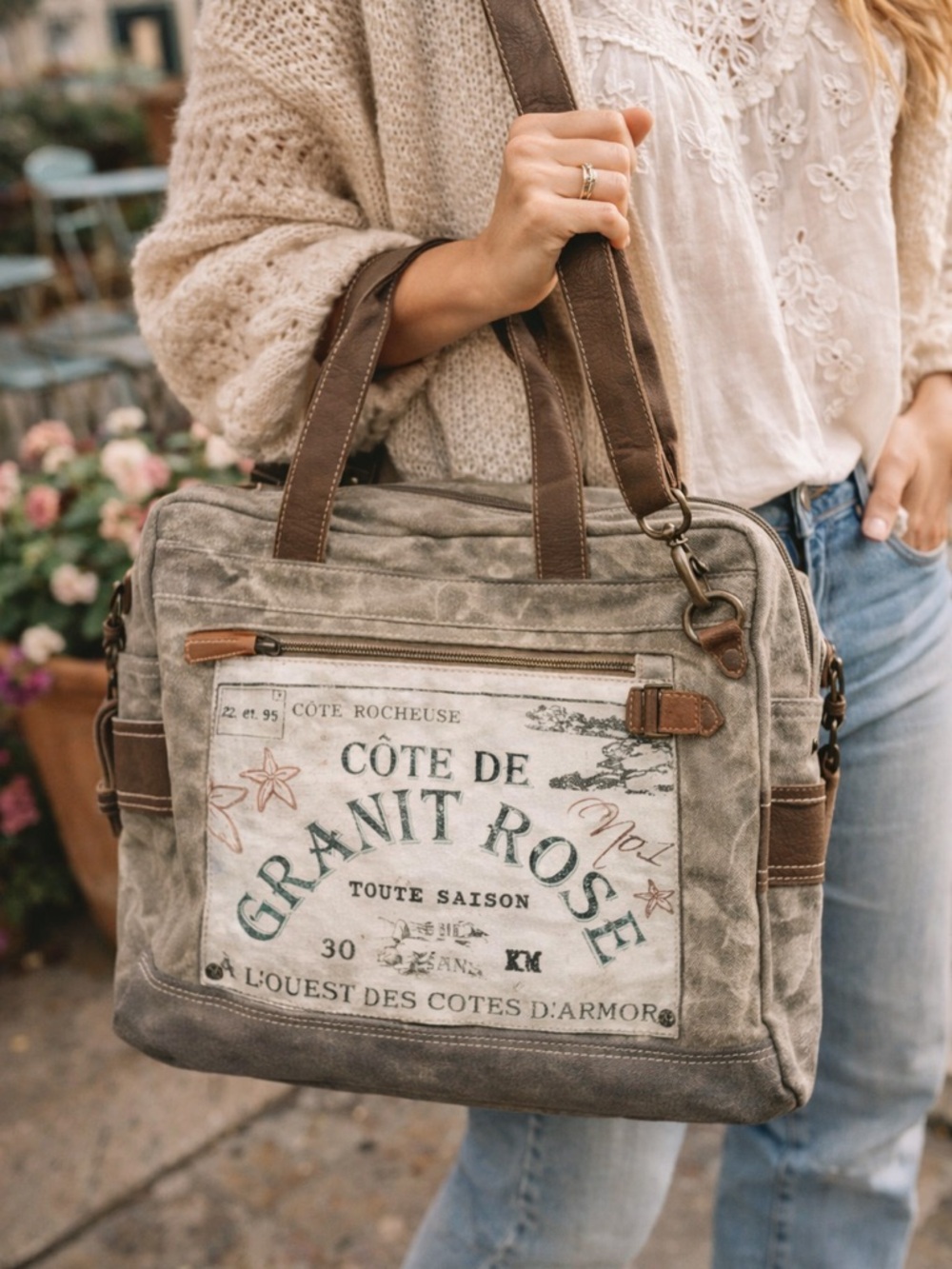 Myra Bag Canvas Leather Crossbody Tote Granit Rose Boho Laptop Bag Neutral